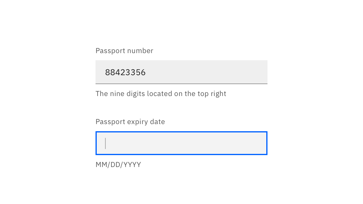 Good example: a populated 'passport number' input with instructions, followed by an active but empty 'passport expiry date' input with instructions on date formatting