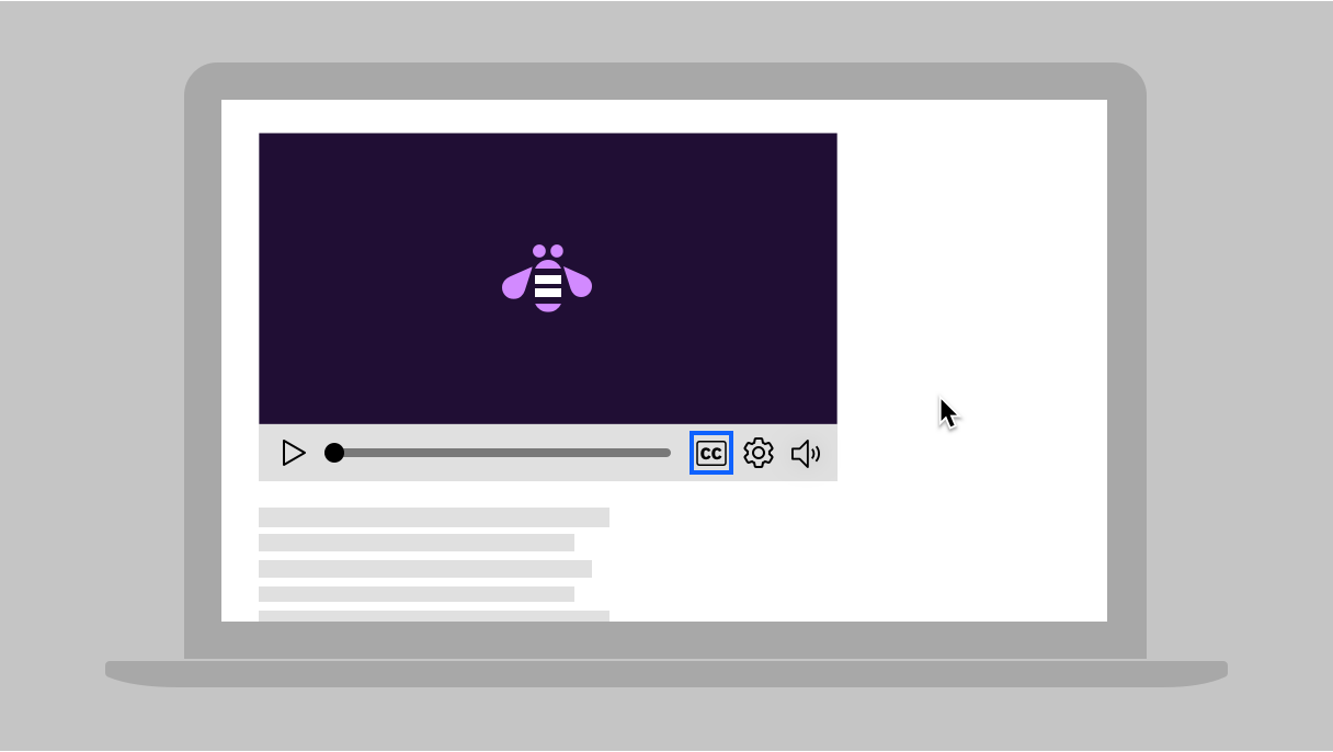 video player with focus indicator on closed caption button
