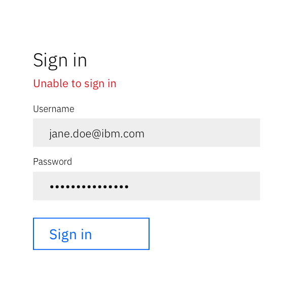 Bad example: text in red that says 'Unable to sign in'