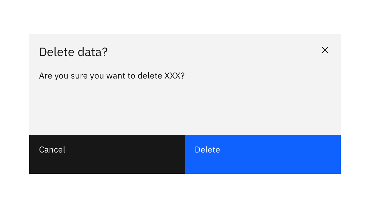 modal dialog titled 'delete data?' followed by text 'are you sure you want to delete XXX?' with cancel and delete buttons